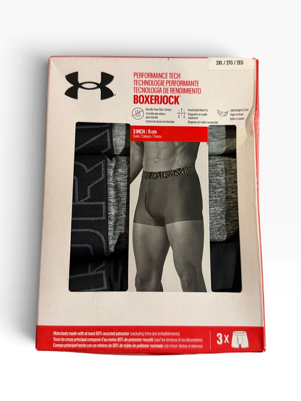 NWT Under Armour Performance Tech Boxerjock 3-Pack Size 2XL Black Grey 3"